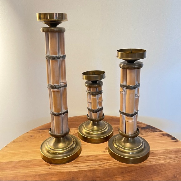 3 VTG Bamboo and Brass Tall Candle Holder in the style of Gabriella Crespi - Picture 2 of 6